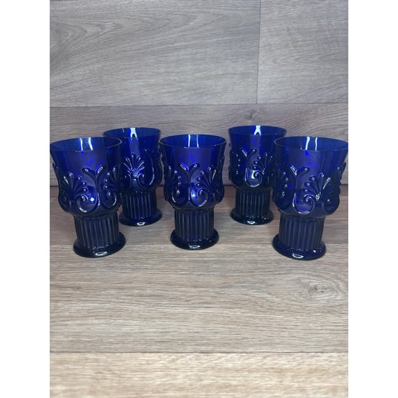 Set Of 5 Vintage Cobalt Blue Libbey Pilgrim Embossed Glasses; One Chip, See Pics - Picture 9 of 9